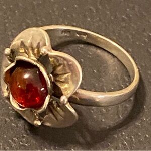 Vintage Sterling Silver(stamped with MM) genuine Amber Huge Flower Ring 7. 25
